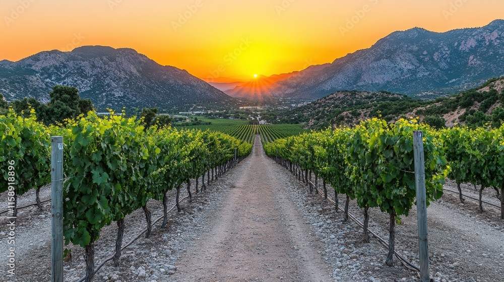 Fototapeta premium Vineyard sunset landscape with rows of grapevines leading to a mountain valley at golden hour.