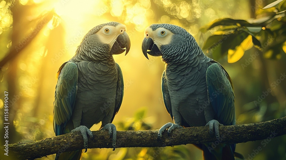 Fototapeta premium Two parrots perched on a tree limb in a dense woodland, with rays of sunlight filtering through the foliage behind them