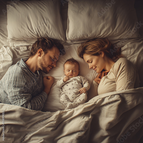 Family Resting in Bed Together Highlighting Parenthood, Bonding, and Warm Emotional Connections in a Cozy Bedroom Setting photo