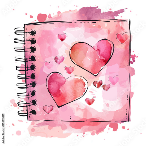 A watercolor painting of a love-themed photo album with hearts, isolated on a white background. Valentine's Day vector.
