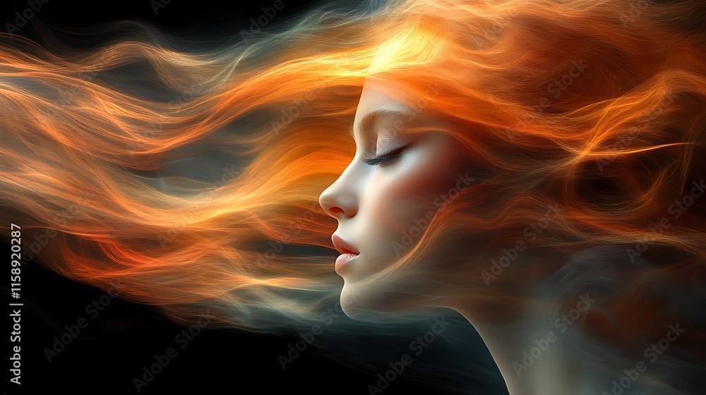 Serene woman with fiery, flowing hair. Serene woman with fiery, flowing hair.