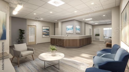 Modern medical clinic waiting area with reception desk, comfortable seating, and artwork.