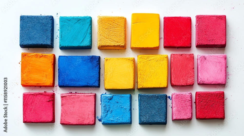 Colorful chalk squares arranged artistically on a white background. Colorful chalk squares arranged artistically on a white background.