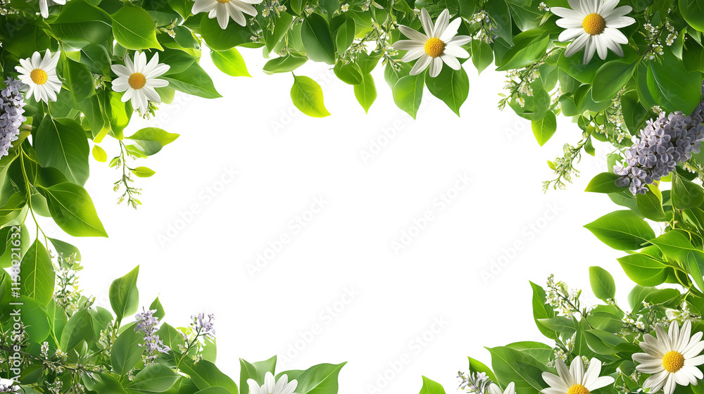 Fototapeta premium Green leaves and blooming flowers forming a frame 