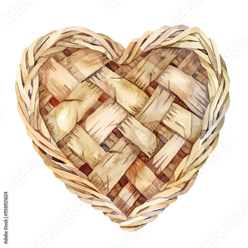 A watercolor vector of a heart-shaped woven basket, isolated on a white background. Valentine's Day vector.
