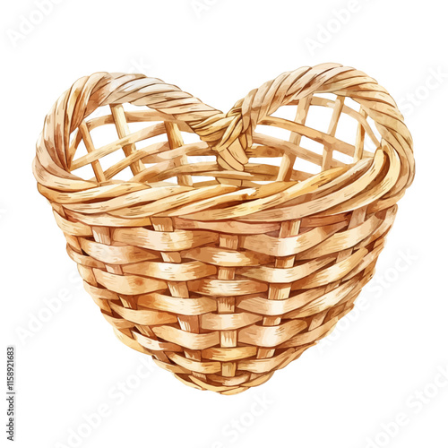 A watercolor vector of a heart-shaped woven basket, isolated on a white background. Valentine's Day vector.
