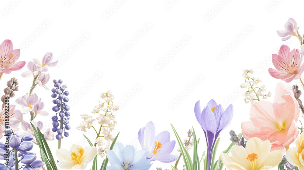 Spring garden flowers creating a frame including hyacinths, crocuses, and lilies of the valley in soft pastel tones. Spring garden flowers creating a frame including hyacinths, crocuses, and lilies of the valley in soft pastel tones.