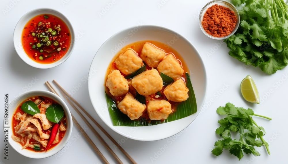 Delectable Fish Cakes with Spicy Sauce and Fresh Ingredients on a White Background Delectable Fish Cakes with Spicy Sauce and Fresh Ingredients on a White Background