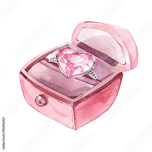 A watercolor illustration of a heart-shaped ring box, isolated on a white background. Valentine's Day vector.
