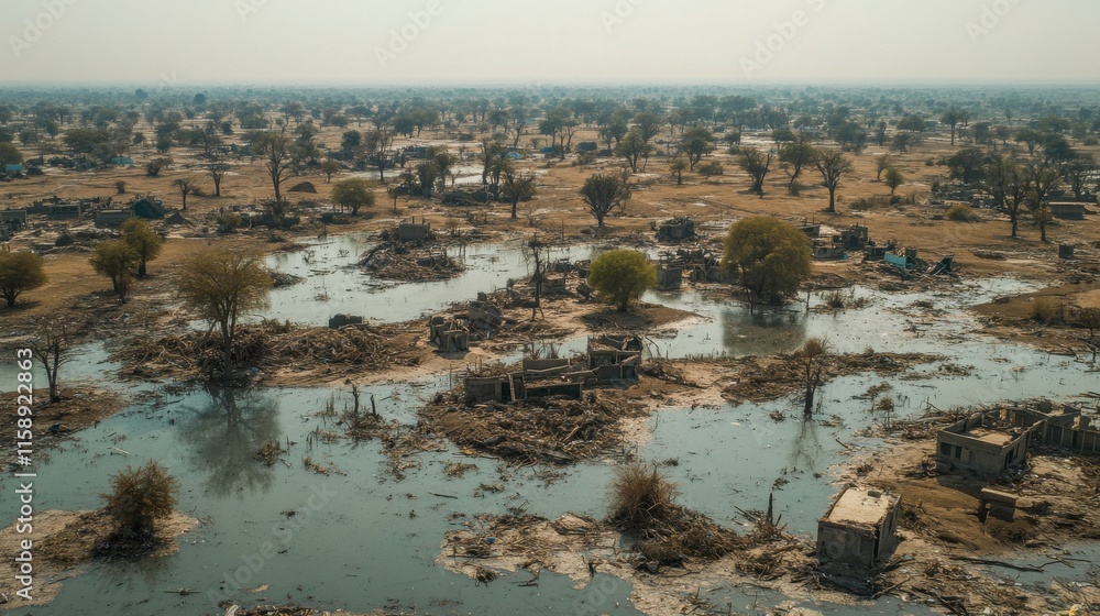 Fototapeta premium Aerial View of Damaged Habitat Near River
