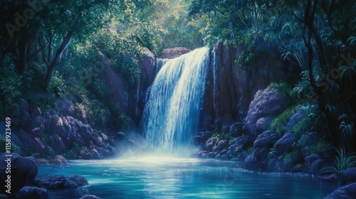 Serene Waterfall Cascading Into Tranquil Pool Surrounded by Lush Greenery