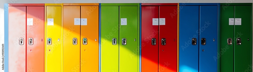 Colorful lockers in a bright, modern hallway, showcasing vibrant hues. Colorful lockers in a bright, modern hallway, showcasing vibrant hues.