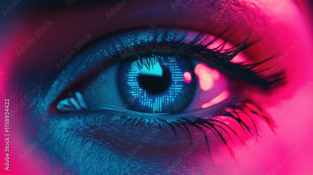 Futuristic Eye with Digital Patterns in Blue and Pink Light Futuristic Eye with Digital Patterns in Blue and Pink Light
