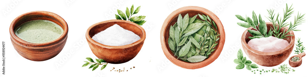 Assortment of fresh aromatic herbs and spices in rustic ceramic bowls on a wooden table Minimalist natural and healthy culinary concept Assortment of fresh aromatic herbs and spices in rustic ceramic bowls on a wooden table Minimalist natural and healthy culinary concept
