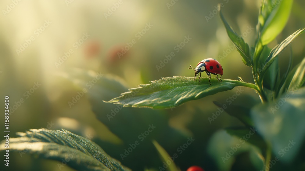 Obraz premium Close-up of a Ladybug on a Leaf in a Lush Green Environment