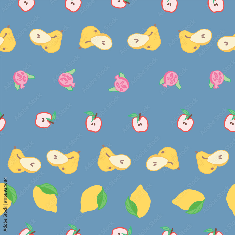 Fototapeta premium Vector Fruits Seamless Pattern. Colorful Bright Apples Pears Pomegranate Lemon Repeat Pattern for textiles 