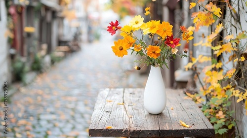   A white vase holding yellow and red flowers sits atop a wooden table, facing a brick building on a cobblestone street