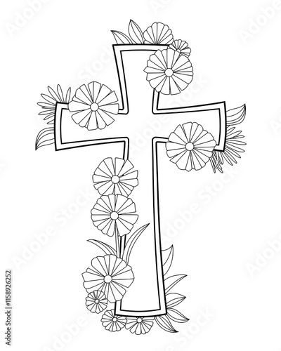 Christian cross religious symbol coloring page, christian art coloring book