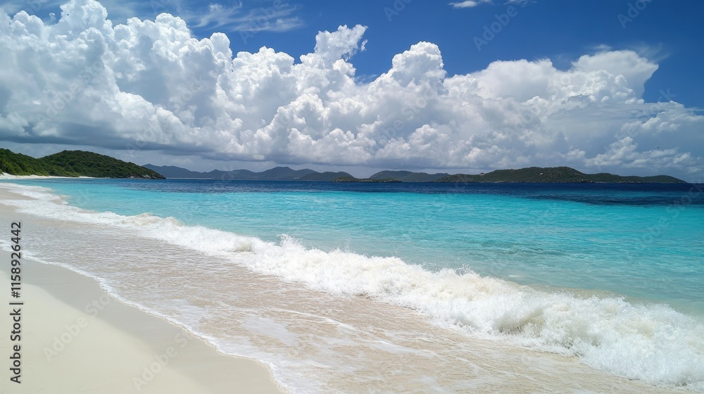 Serene Tropical Beach with Clear Water and White Sand Under Clouds Serene Tropical Beach with Clear Water and White Sand Under Clouds