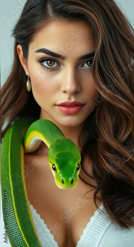 Portrait of a charming young brunette with a green snake on her shoulder.