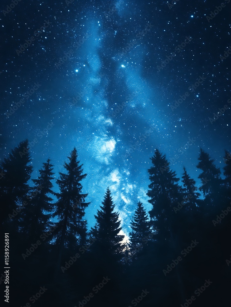 Fototapeta premium Milky Way over silhouetted pine forest at night.