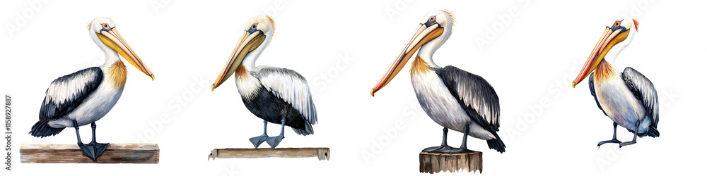 Flock of Pelicans Perching on Wooden Posts in a Picturesque Coastal Wetland Environment with Calm Water and Lush Vegetation in the Background The Pelicans are in a Variety of Poses Flock of Pelicans Perching on Wooden Posts in a Picturesque Coastal Wetland Environment with Calm Water and Lush Vegetation in the Background The Pelicans are in a Variety of Poses