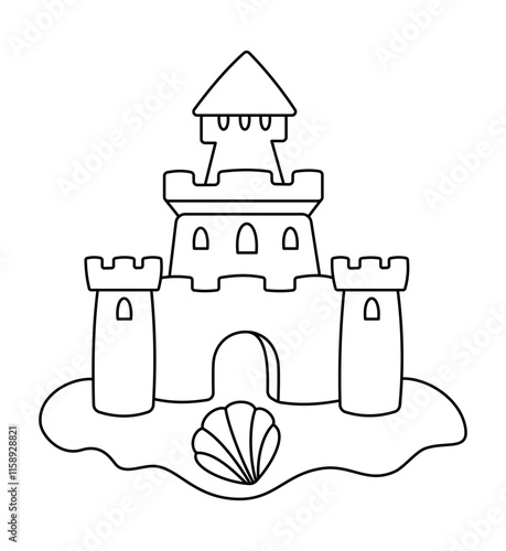Sandcastle. Summer Sand Castle. Outline Doodle illustration for colouring pages. Editable Stroke. Sea shells. Ocean and sea.