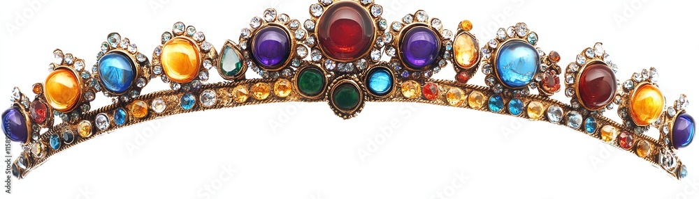 Colorful jeweled tiara with intricate design, white isolate background Colorful jeweled tiara with intricate design, white isolate background