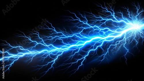 Blue Lightning Strike, Electric Discharge, Energy Burst, Worm's Eye View, Isolated Black Background photo