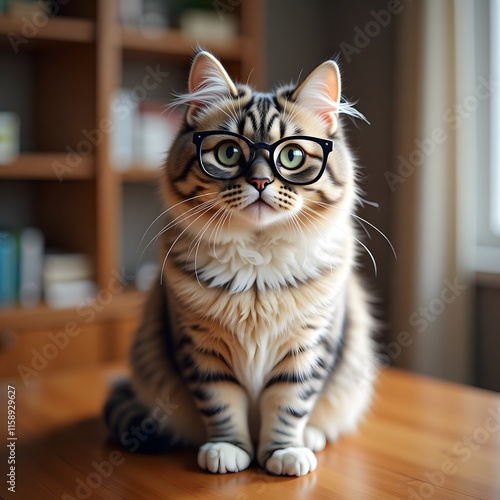 Cute tabby cat wearing glasses sitting on a wooden table