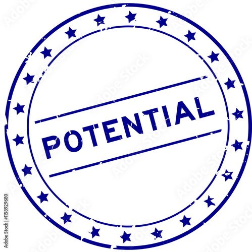 Grunge blue potential word round rubber seal stamp on white background