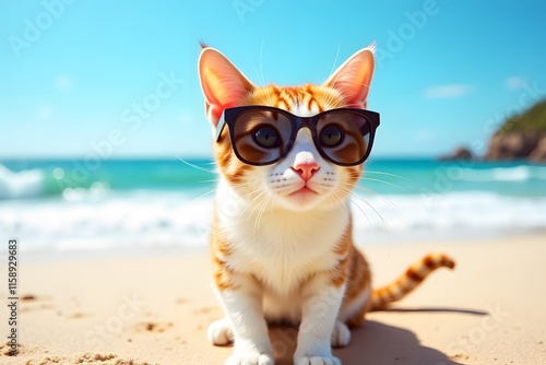 Playful orange tabby cat wearing sunglasses on sunny beach day