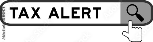 Search banner in word tax alert with hand over magnifier icon on white background