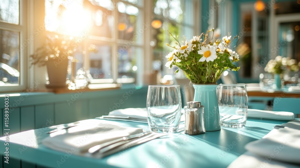 In this brightly lit cafe, daisies stand gracefully on a teal table, decorated with glassware and napkins, evoking freshness, simplicity, and modern charm. In this brightly lit cafe, daisies stand gracefully on a teal table, decorated with glassware and napkins, evoking freshness, simplicity, and modern charm.