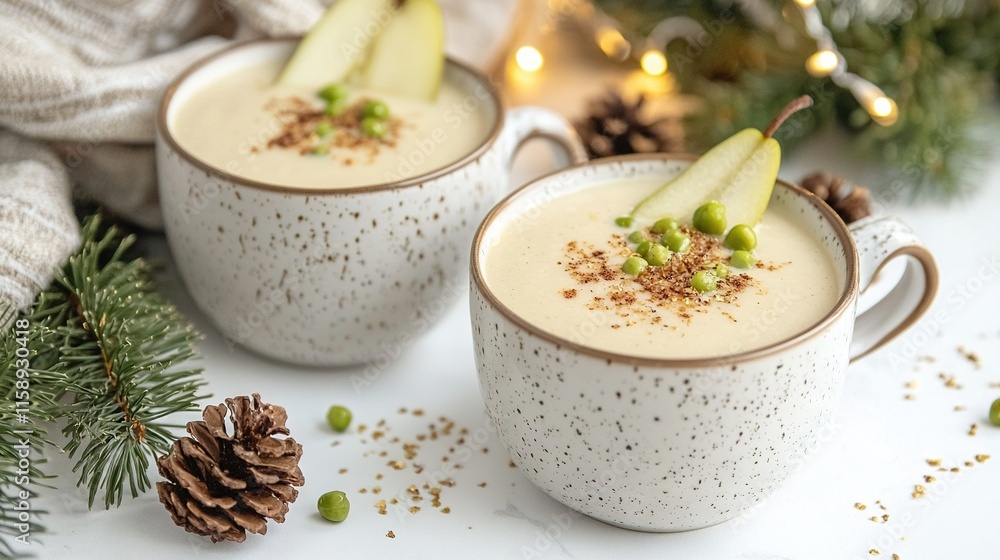 two mugs filled with food resting on a wooden table surrounded by pine cones and a festive Christmas tree two mugs filled with food resting on a wooden table surrounded by pine cones and a festive Christmas tree