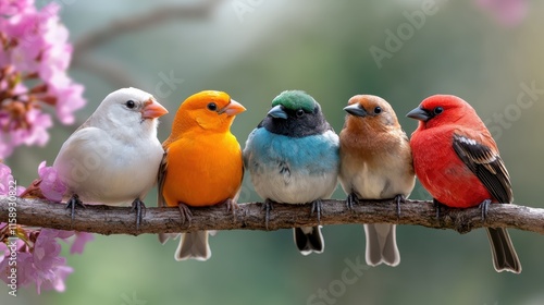 A quintet of brightly colored birds, enhancing the serenity of nature, rest together on a branch embellished with vivid pink blossoms, symbolizing unity amidst diversity.