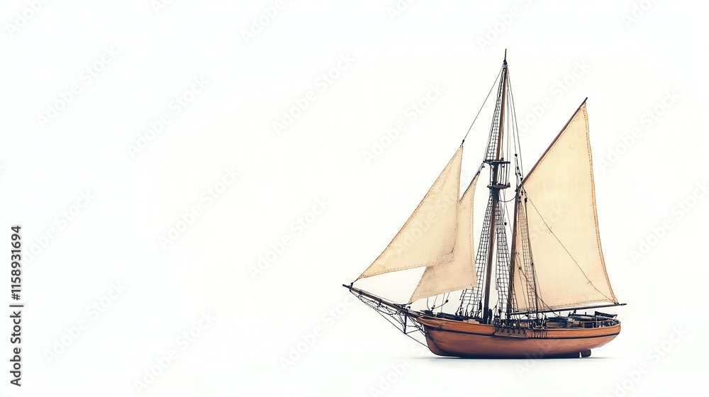Model ship with sails, white isolate background Model ship with sails, white isolate background