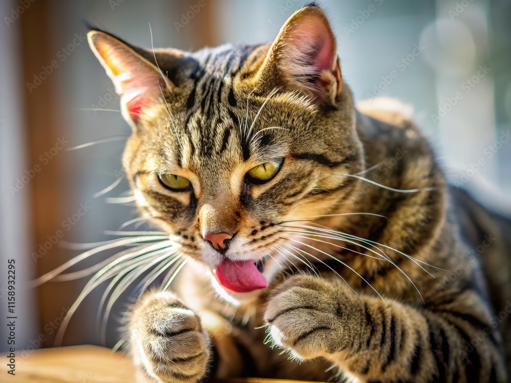 Fototapeta premium Cat Grooming Paw, Bird's Eye View: High-Angle Photo of Feline Self-Cleaning