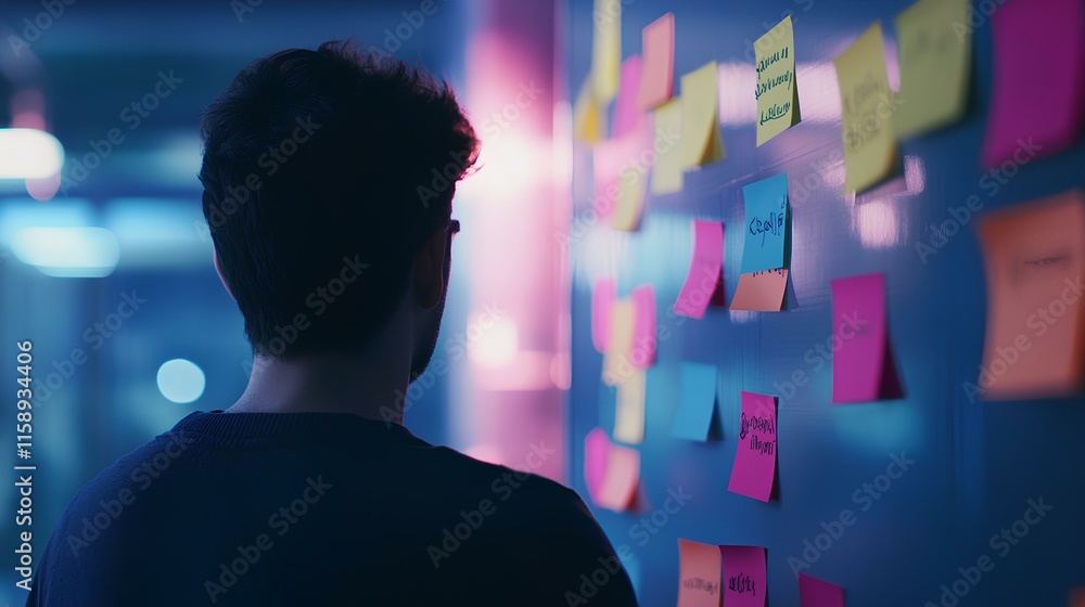 A person observes colorful sticky notes on a wall, reflecting a creative or brainstorming environment. A person observes colorful sticky notes on a wall, reflecting a creative or brainstorming environment.