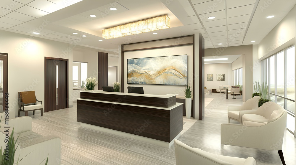 A modern reception area featuring a sleek desk, comfortable seating, and large windows that provide ample natural light. A modern reception area featuring a sleek desk, comfortable seating, and large windows that provide ample natural light.
