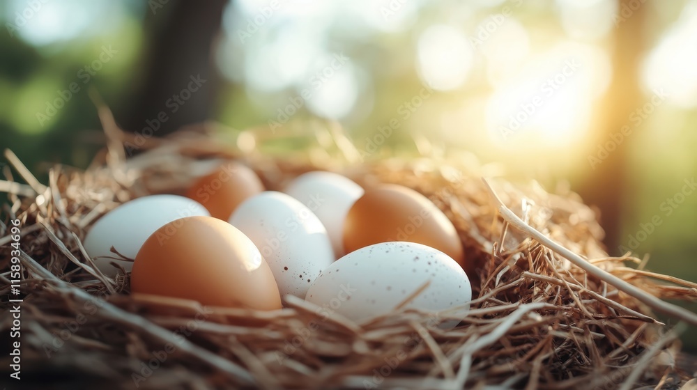 A nest nestled among natural surroundings, filled with brown and white eggs, bathed in warm sunlight, symbolizing nature, life, and new beginnings. A nest nestled among natural surroundings, filled with brown and white eggs, bathed in warm sunlight, symbolizing nature, life, and new beginnings.