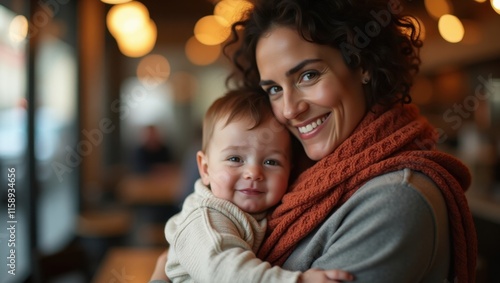 A heartwarming moment between a Caucasian mother and her baby. The soft lighting and warm colors create a cozy atmosphere.