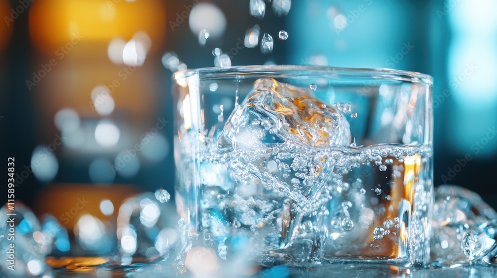 A close-up view of a refreshing glass of water filled with crystal-clear ice cubes and bubbling effervescence, evoking sensations of coolness and purity. A close-up view of a refreshing glass of water filled with crystal-clear ice cubes and bubbling effervescence, evoking sensations of coolness and purity.
