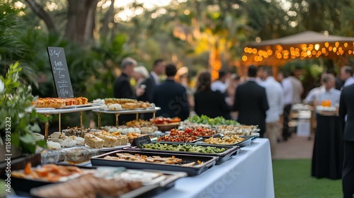 A beautifully arranged outdoor buffet featuring a variety of dishes, set against a vibrant garden backdrop with guests mingling in the background.