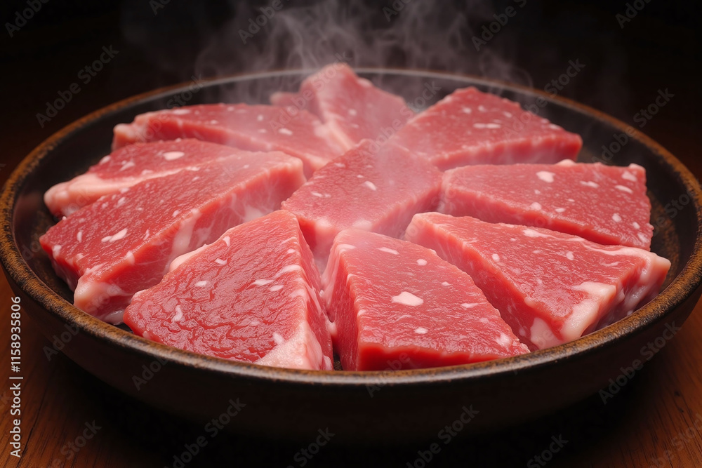 Round dish with Wagyu beef slices in presented meal Round dish with Wagyu beef slices in presented meal