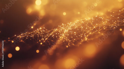 Abstract Golden Network of Connected Dots and Lines with Glowing Bokeh Background
