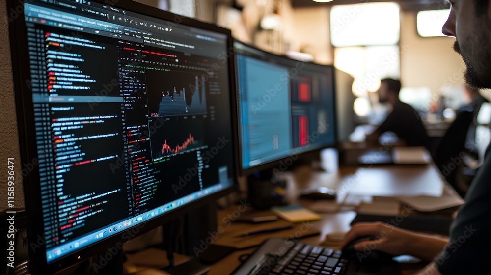 A person is coding on multiple monitors displaying data analytics and programming scripts in a modern office environment. A person is coding on multiple monitors displaying data analytics and programming scripts in a modern office environment.
