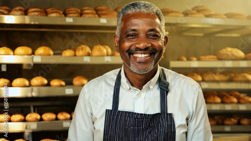 A smiling African American owner of a small bakery stands in front of the camera and smiling. The bakery owner stands proudly, showcasing his sweet creations with joy.