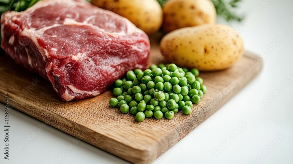 A harmonious presentation of fresh beef, green peas, and yellow potatoes on a wooden cutting board, capturing the essence of traditional cooking. A harmonious presentation of fresh beef, green peas, and yellow potatoes on a wooden cutting board, capturing the essence of traditional cooking.