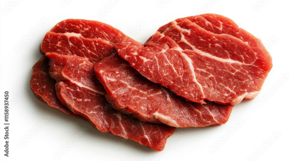 Raw steak pieces creatively shaped into a heart against a white backdrop, inviting notions of culinary art, passion, and fresh ingredients in a modern style. Raw steak pieces creatively shaped into a heart against a white backdrop, inviting notions of culinary art, passion, and fresh ingredients in a modern style.